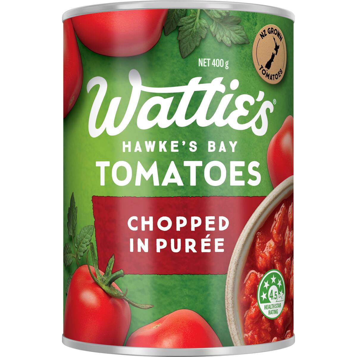 Cans of Wattie's chopped tomatoes in puree, grocery product with bright labels and tomato content visible on the packaging