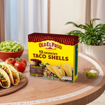 Old El Paso taco shells in a grocery bag, ready for making tacos, with crispy, golden-brown corn taco shells visible.