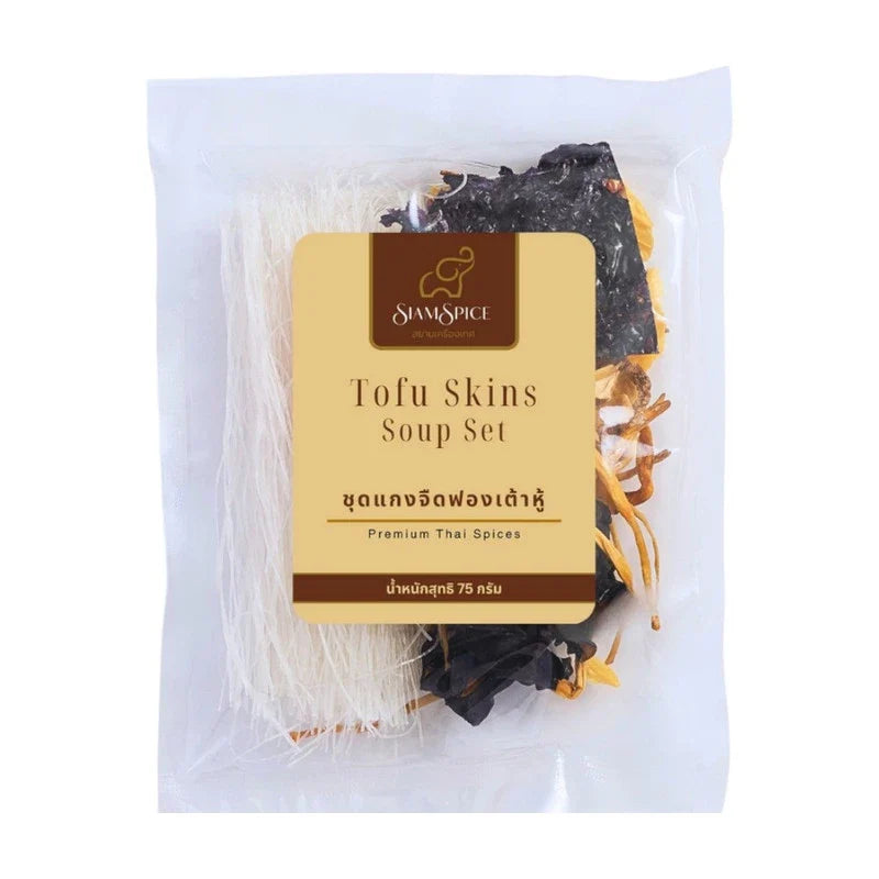 SiamSpice Tofu Skins Soup Set 75g, dry grocery product with dried tofu skins in a resealable package