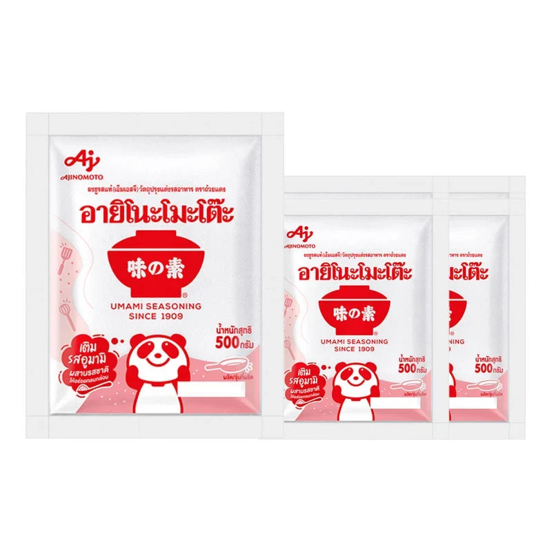 Ajinomoto MSG 500g packages in a box, dry grocery seasoning, with four 500g containers of flavor enhancer from AJINOMOTO