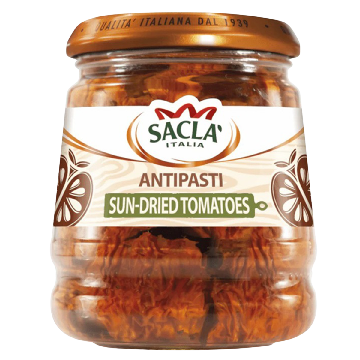 Sacla Sun Dried Tomatoes in a jar, showcasing vibrant red, slightly wrinkled sun-dried tomatoes for cooking or snacking.