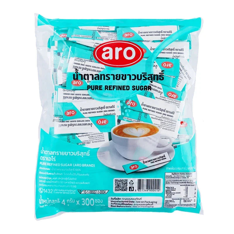 ARO Stick Pure Refined Sugar 4g, individual dry grocery sticks, close-up of the packaged sugar sticks in a clear container