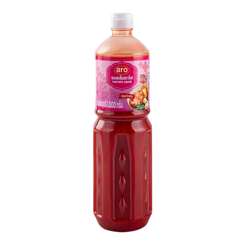 ARO Yentafo Sauce 1kg bottle, Thai-style dry grocery sauce for flavorful noodle dishes, with a clear label and cap visible.