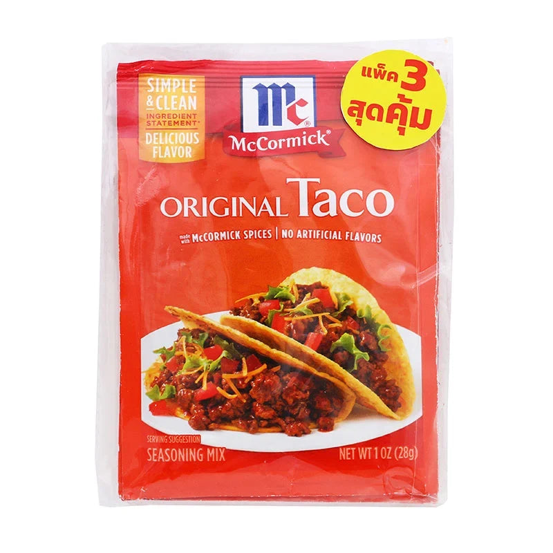 MCCORMICK Original Taco Seasoning packets, dry grocery, 28g each, three-pack, with colorful spice label and seasoning images.
