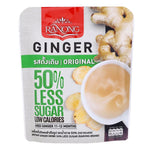 Ranong Tea Ginger Drink Less Sugar in a clear glass, showing a refreshing amber-colored beverage with ginger slices.