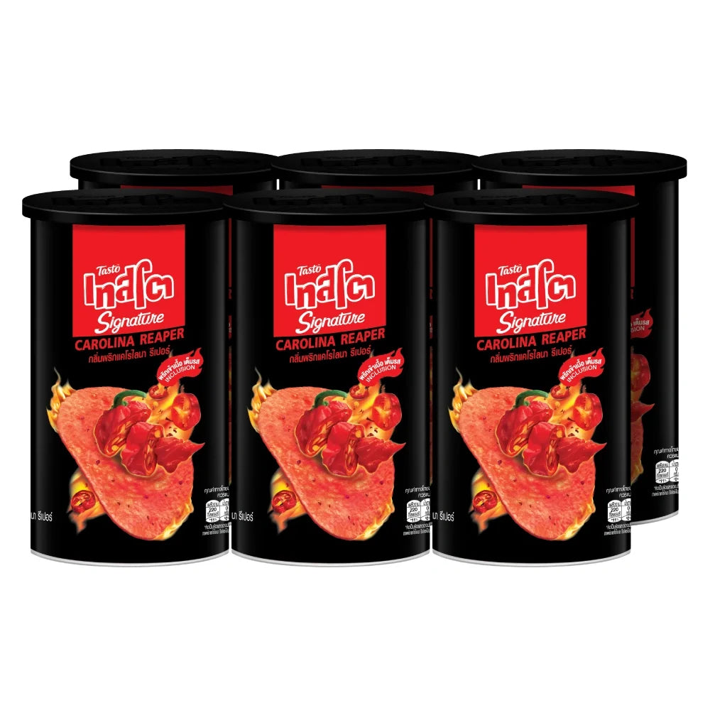 Tasto Signature Inclusion Crisps Carolina Reaper snacks in a 42g pack, six-pack box, spicy confectionery snack with fiery flavor