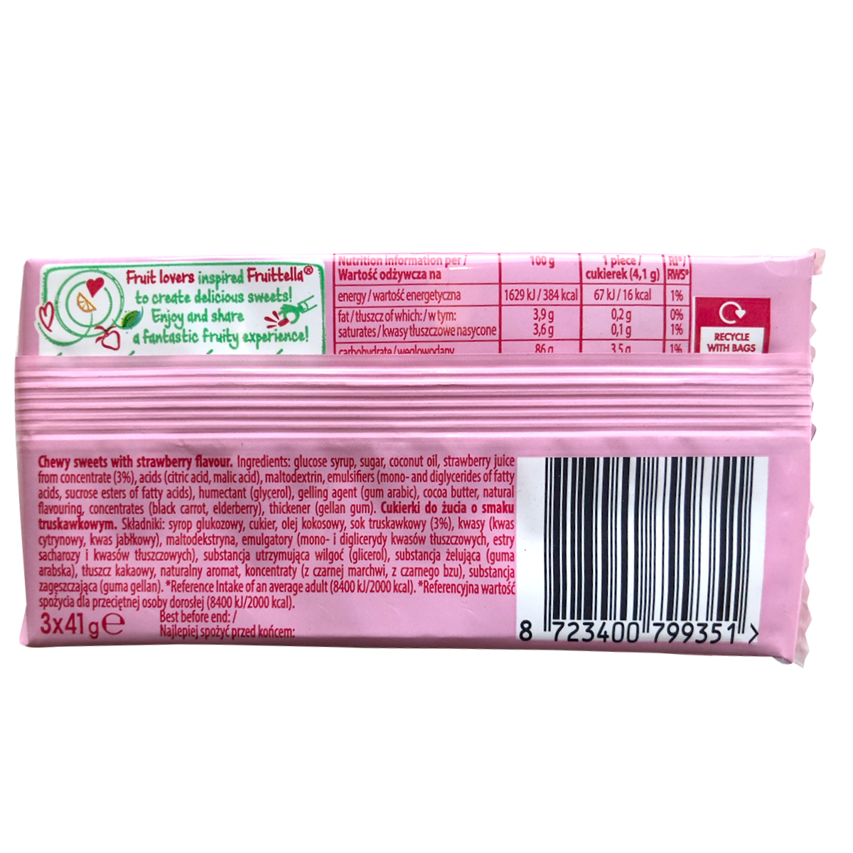 Fruittella Strawberry confectionery snacks in colorful packaging, featuring bright strawberry-flavored candies.