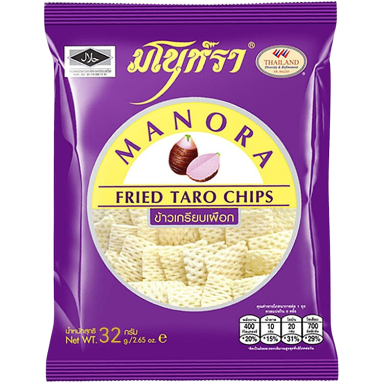 Manora Taro confectionery snacks in colorful packaging, showcasing the vibrant, sweet taro-flavored treat.