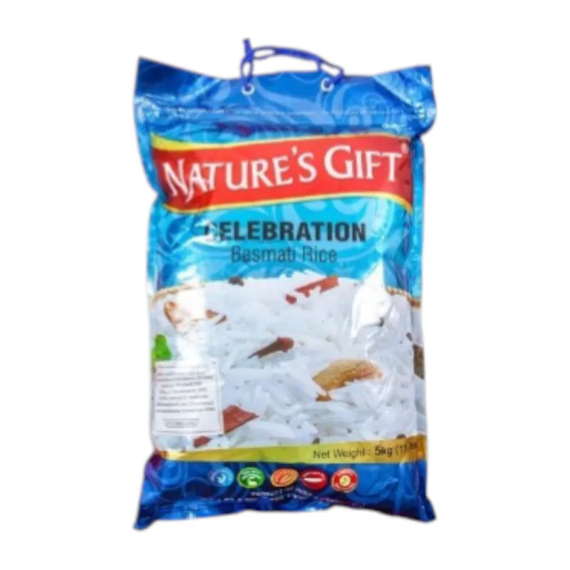 NATURE'S GIFT Basmati Rice 5kg package, dry grocery product, showcasing long, aromatic grains in a sealed bag.