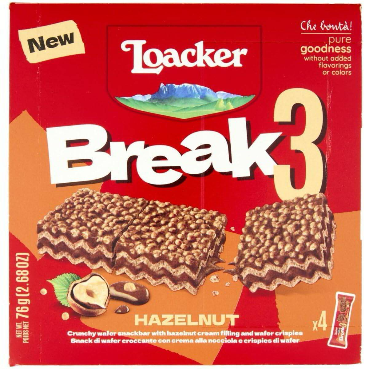 Loacker Break3 Hazelnut confectionery snack with layered crispy wafers and creamy hazelnut filling, displayed in the image.