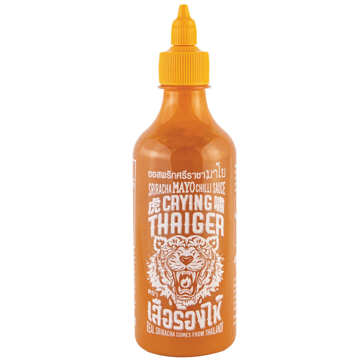 Crying Thaiger Sriracha Mayo Chilli Sauce bottle, creamy condiment with spicy Sriracha flavor, for groceries and cooking.