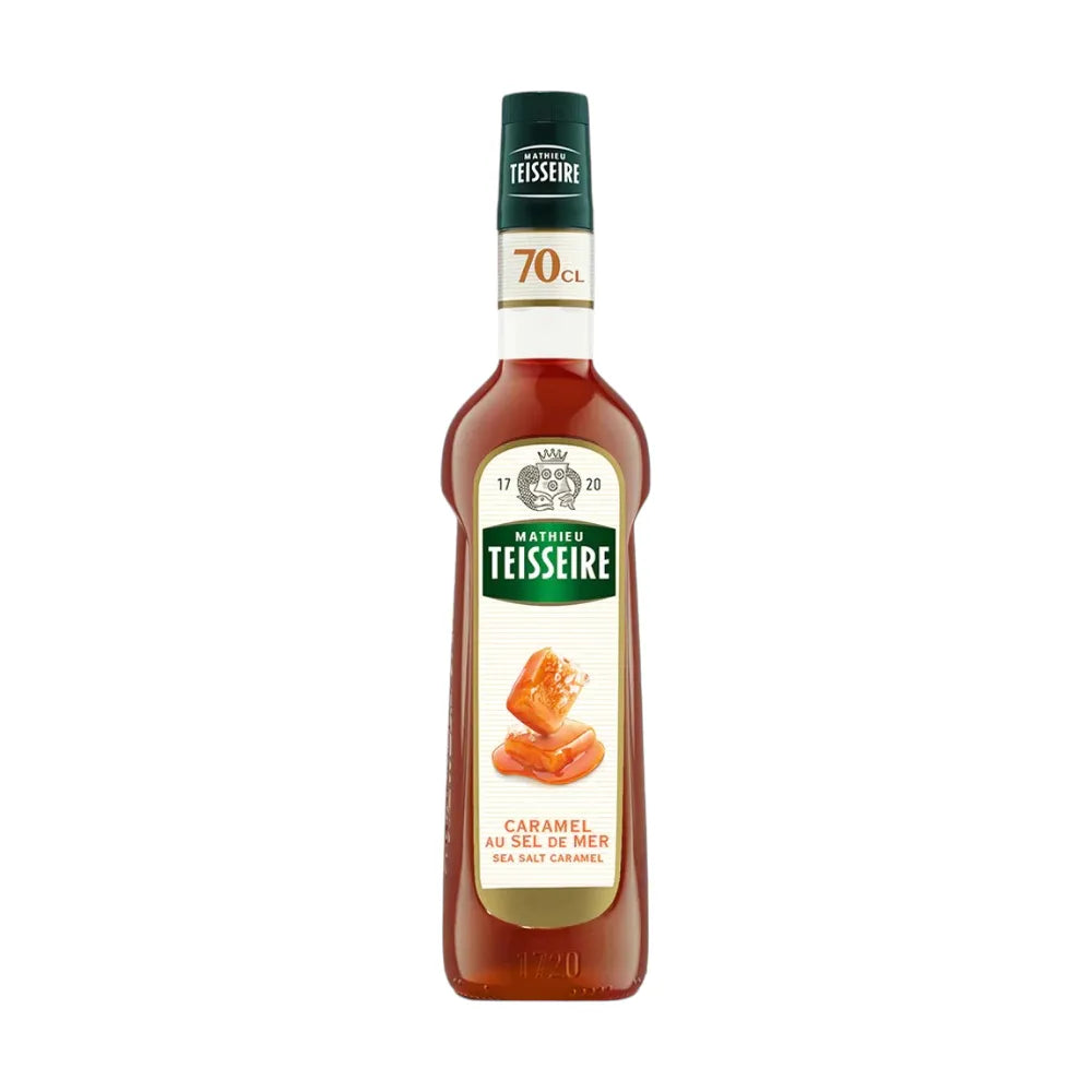 Mathieu Teisseire Sea Salt Caramel Syrup bottle in 700ml size, shown with caramel and salt accents for dry grocery use.