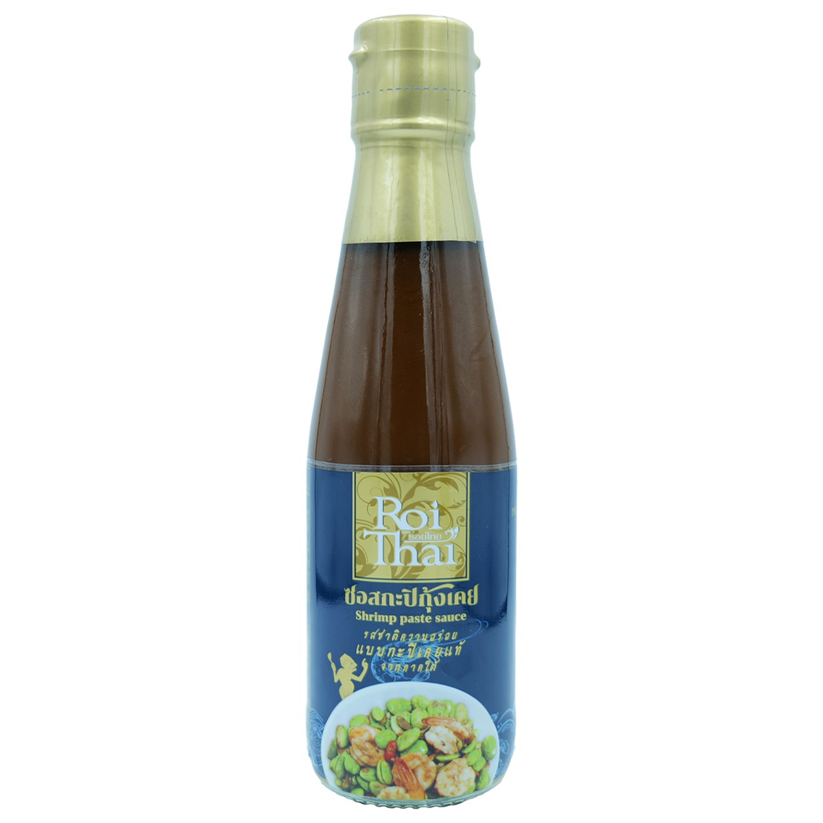 Roi Thai Shrimp Paste Sauce jar for cooking and flavoring, with a label showing Thai ingredients and branding.