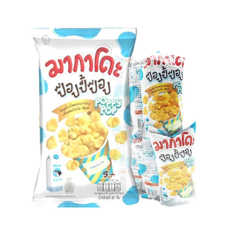 Makado Poppy Pop Hokkaido Milk snack pack, 20g x 12, dry grocery confectionery with colorful puffy snack pieces in a clear bag.
