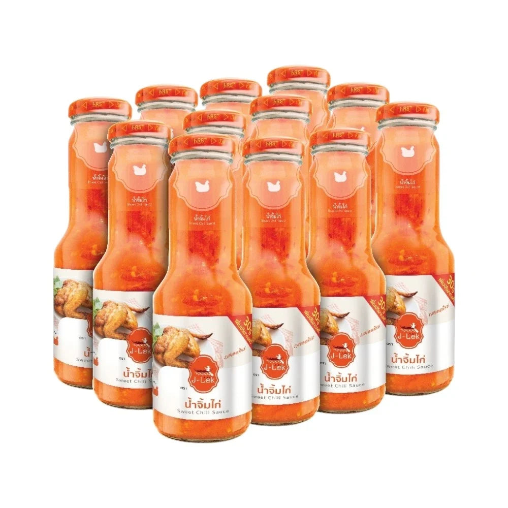 J-lek Jae Lek Chicken Sauce in a 390g glass bottle, viewed from the front showing the label and clear glass container.
