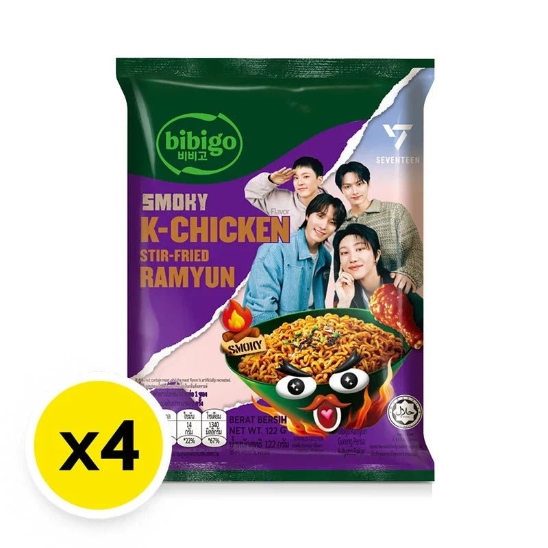 BIBIGO Bibigo Instant Noodles Stirfried Ramyun Smoky Korean Style dry grocery package with noodles and flavoring packet.
