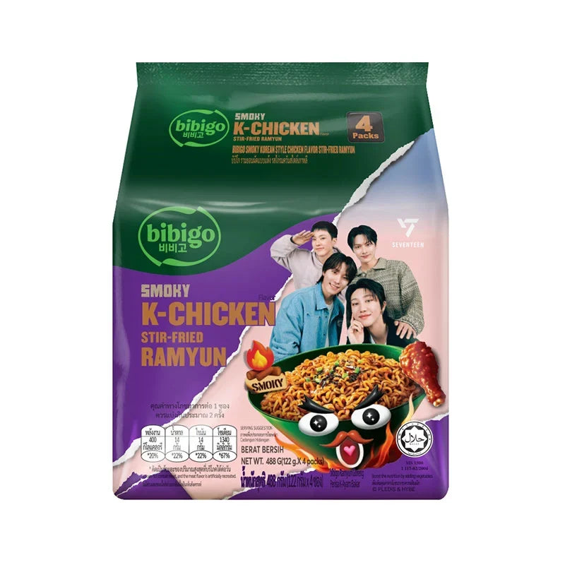 BIBIGO Bibigo instant noodles stir-fried ramyun with smoky Korean flavor in a dry grocery package, ready to cook