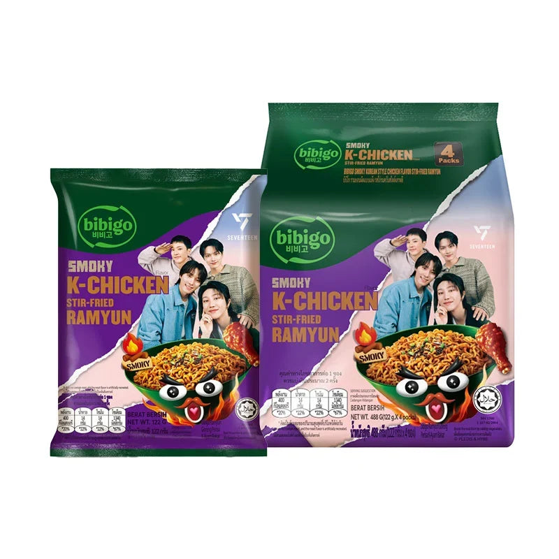 BIBIGO Bibigo instant stir-fried Ramyun noodles with smoky Korean-style flavor in a dry grocery package.