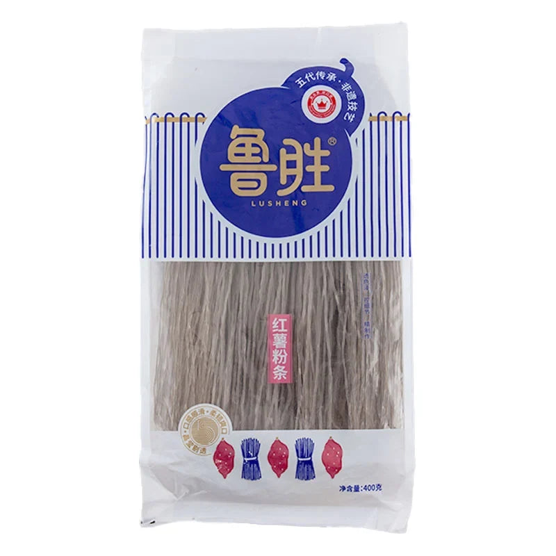 Lusheng Potato Noodle Small 400g in a clear plastic package, dry grocery product with noodles visible inside.