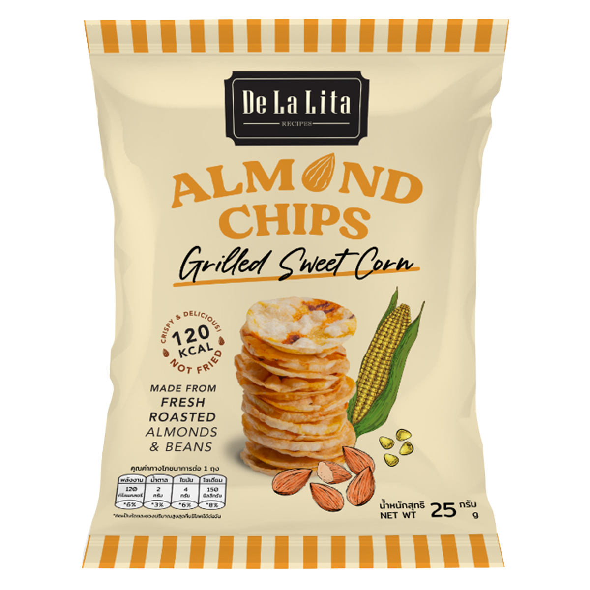 De La Lita Almond Chips with grilled sweet corn, crunchy confectionery snacks in a colorful packaging.