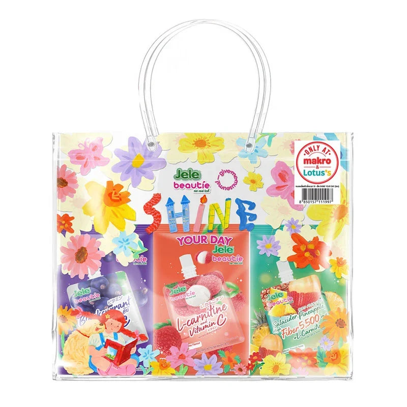 Jele Beautie Shine Your Day snack confectionery box with nine 140g packs, featuring colorful packaging and sweet treats.