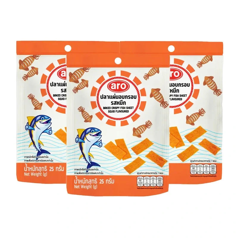 Aro Baked Crispy Fish Sheets with squid flavor, 25g packs, crispy snack from dry grocery and confectionery.