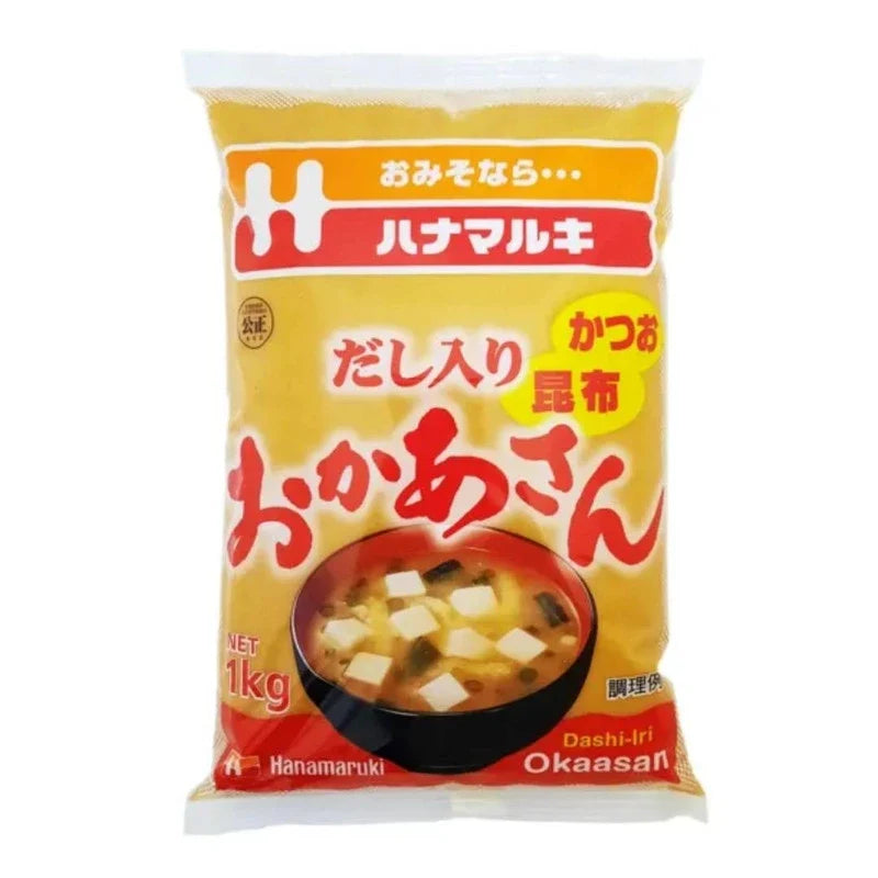 Hanamaruki Dashi Iri Okasan Miso made with soybeans in a dry grocery package, ready for cooking and adding rich flavor to dishes.