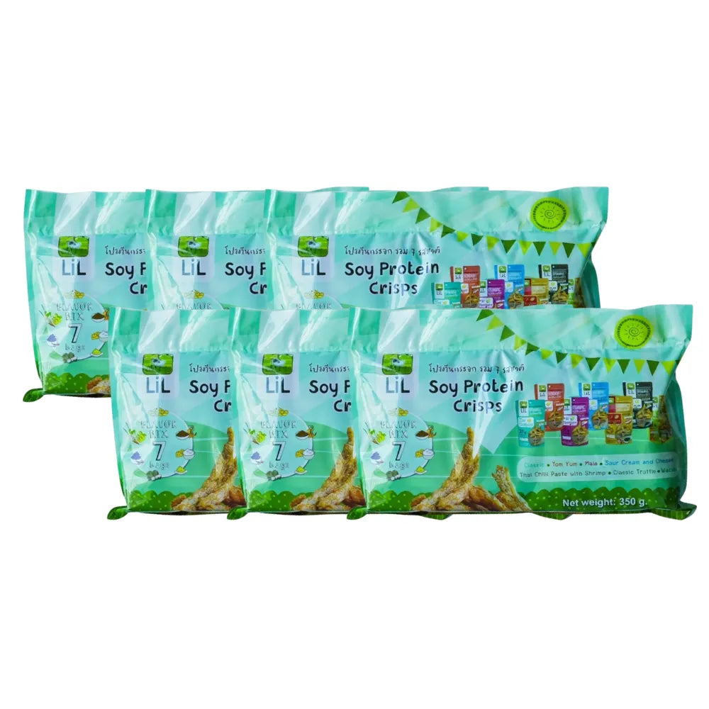 Lilsheep glass protein soy crisps snack in a clear glass jar, showcasing crispy soy snack pieces, 350g.