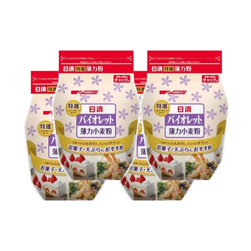 Nisshin Welna violet Hakurikiko wheat flour in a bag, versatile dry grocery product for baking and cooking.