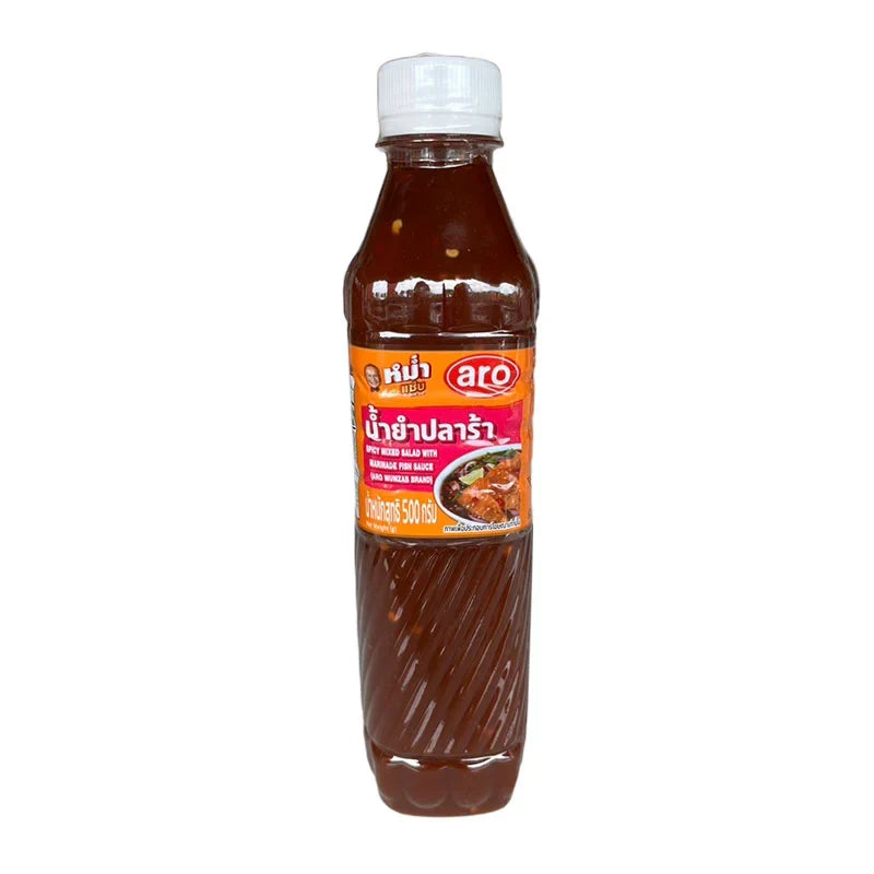 ARO X Mumzab Spicy Mixed Salad with Fermented Fish Sauce, 500g, featuring vibrant vegetables and seasoning in a dry grocery package.