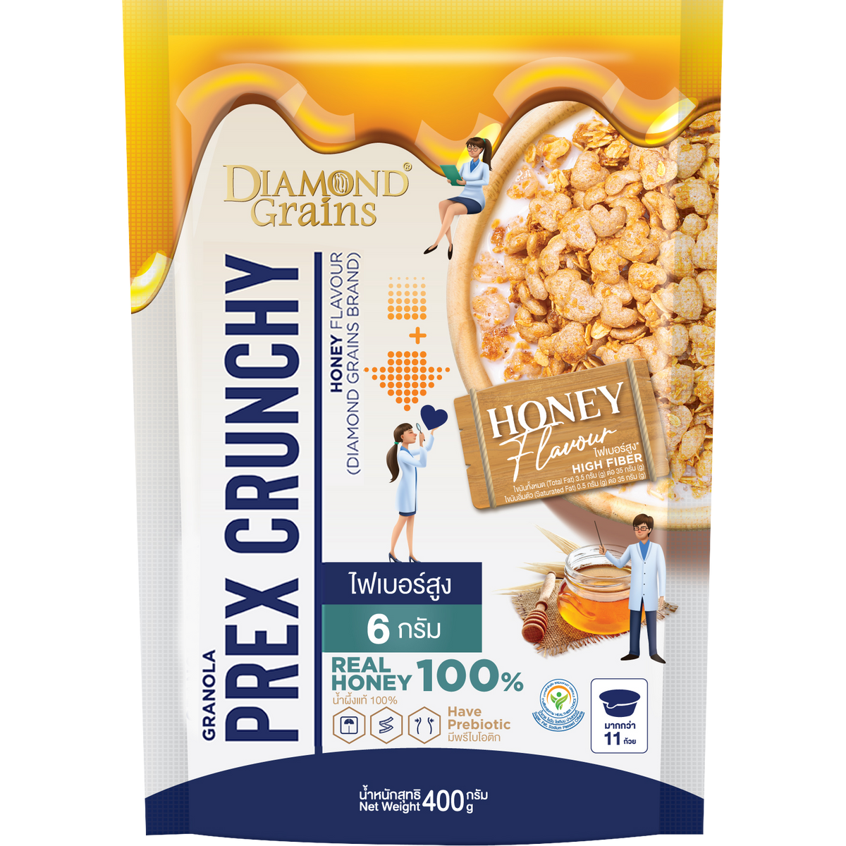 Diamond Grains Granola Prex Crunchy Honey flavor in a bowl, showcasing golden, crispy granola with honey coating, perfect for breakfast.