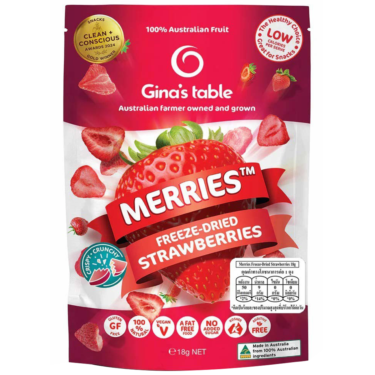 Gina's Table Merries Freeze-Dried Strawberries in clear packaging, showing vibrant red, crunchy snack pieces for confectionery lovers.