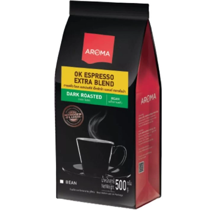 Aroma Ok Espresso Extra Blend dark roasted coffee drink in a glass cup with a rich, aromatic appearance