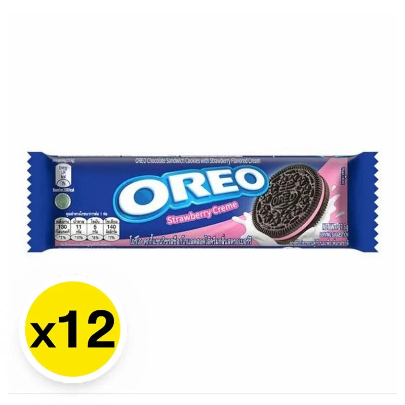 Oreo sandwich cookies with strawberry filling, 26.25g, featuring classic black cookies and vibrant pink strawberry cream filling.