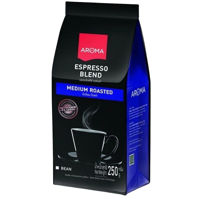 Aroma Coffee Espresso drink in a clear glass, showcasing rich dark coffee with a layer of crema on top.