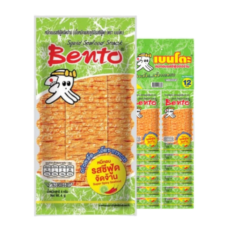 BENTO Bento Squid Seafood Snack Super Spicy 4g package, dry grocery snack with spicy dried squid pieces in a colorful bag