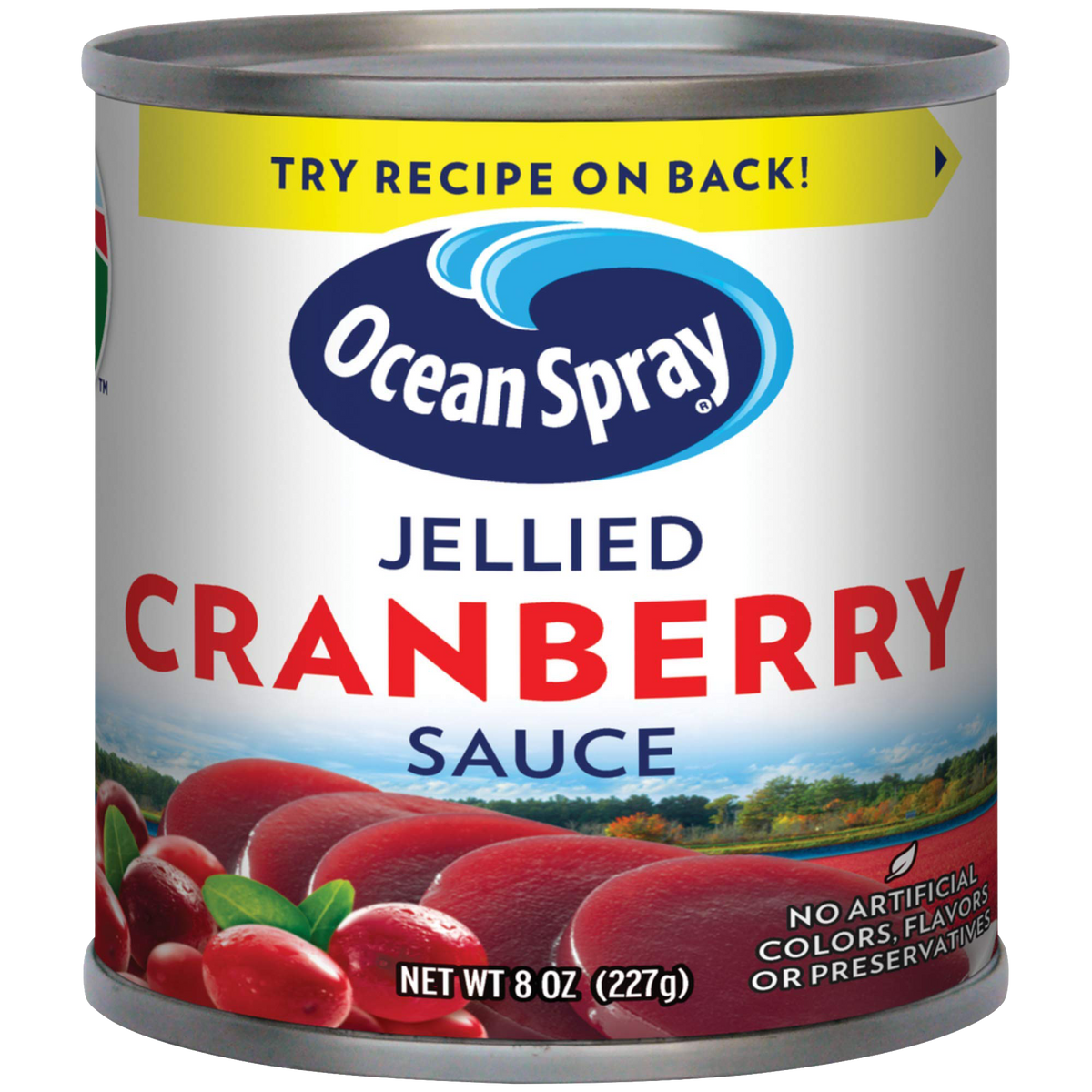 Canned Ocean Spray Jellied Cranberry Sauce in a can with red jelly and label visible, ideal for holiday meals and garnishes.