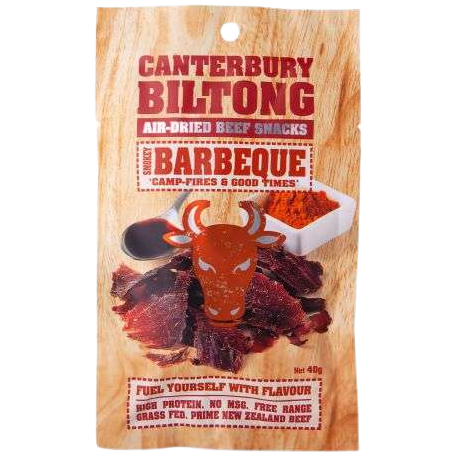Canterbury Smokey BBQ Air Dried Beef snack with smoky flavor and tender texture, shown in a close-up image.