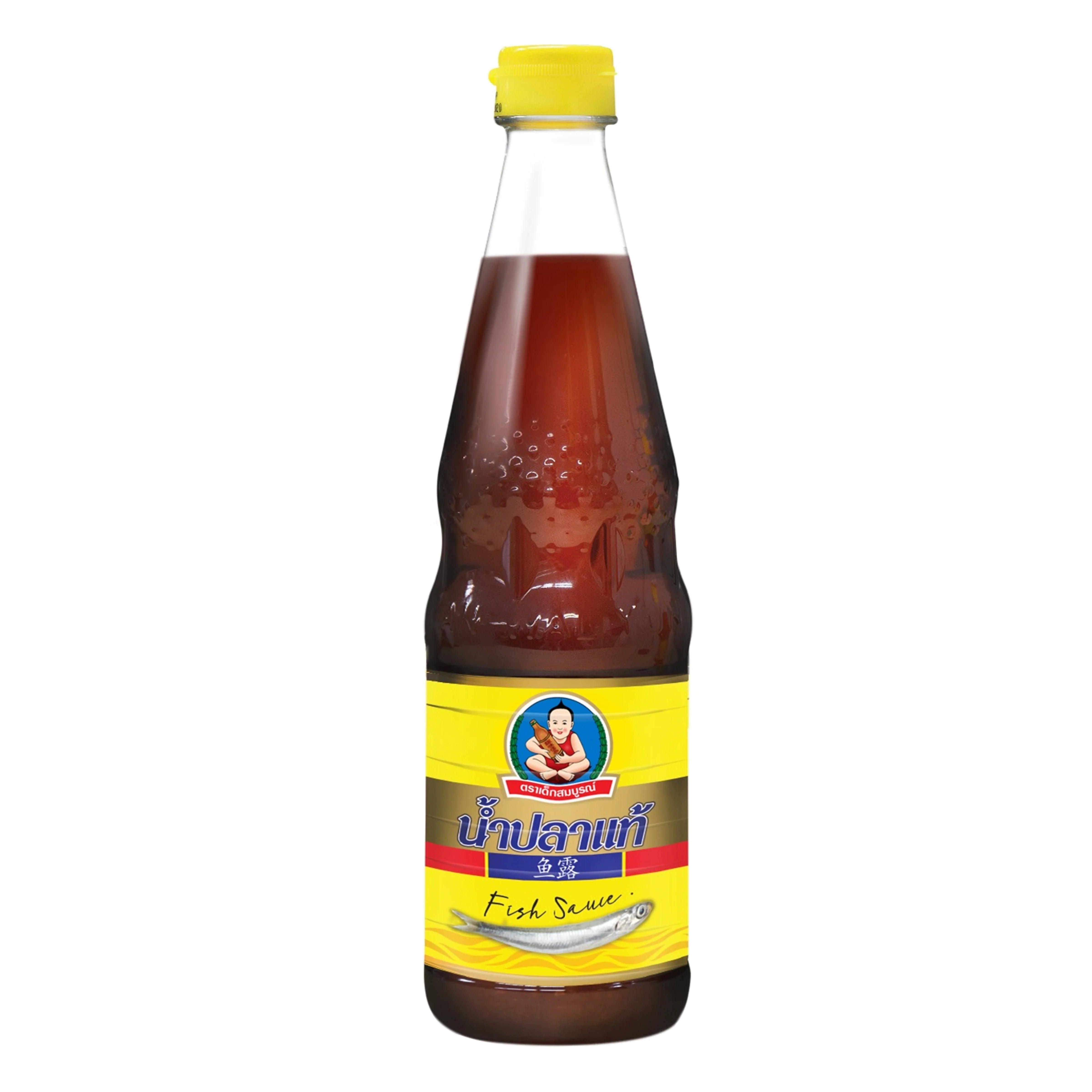Deksomboon Fish Sauce 700ml bottle, traditional Thai dry grocery condiment with dark liquid in clear glass bottle.