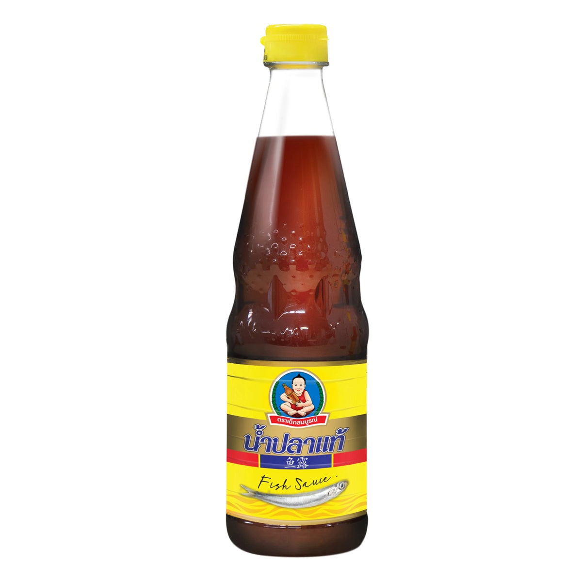 Deksomboon Fish Sauce 700ml bottle, traditional Thai dry grocery condiment with dark liquid in clear glass bottle.