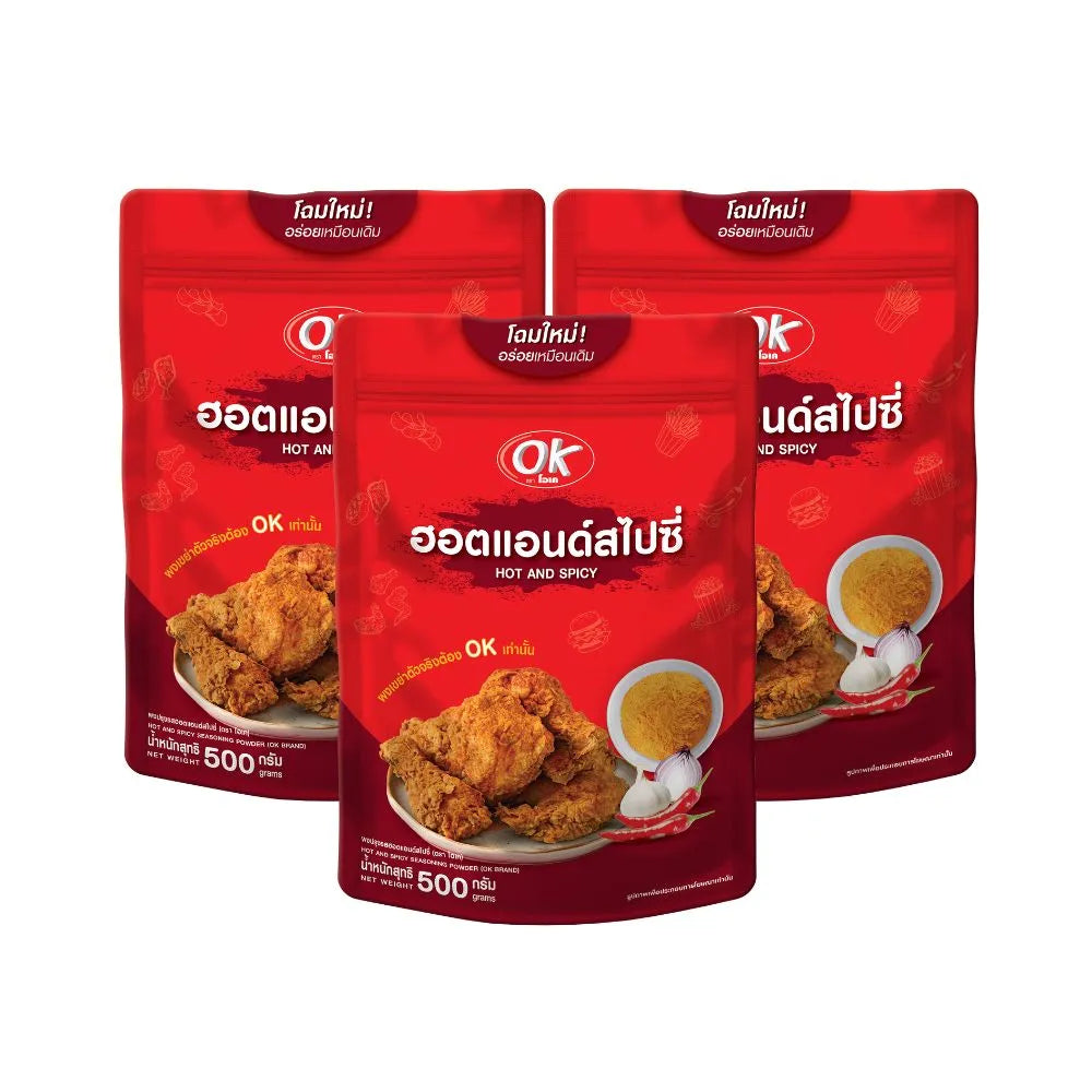 OK Shake Powder Hot and Spicy flavor in 500g jar, dry grocery product with a spicy seasoning blend.