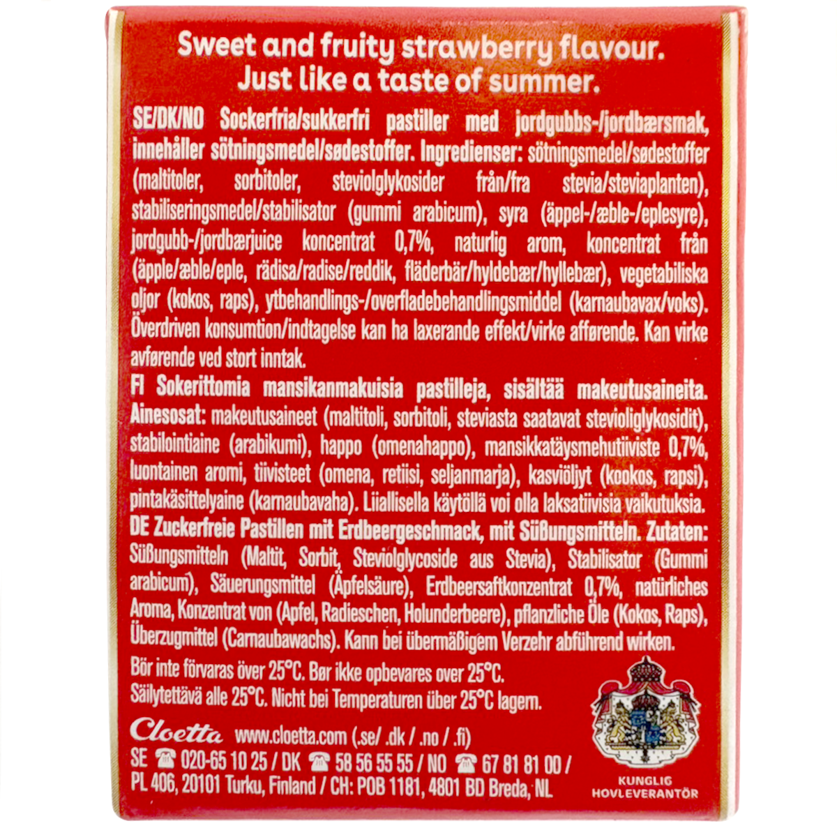 Lakerol Strawberry flavor confectionery snacks in a colorful package with a close-up of the strawberry-flavored candies.