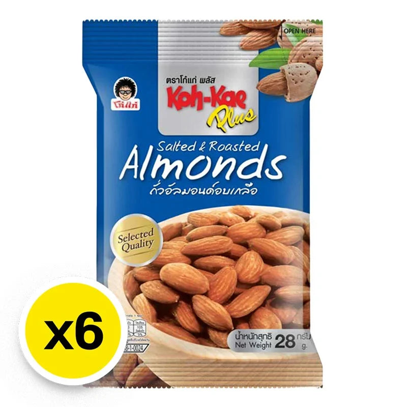 KOHKAE Kohkae Plus Salted Almond snack pack, 28g x6, dry grocery and confectionery snack with salted almonds in a clear package