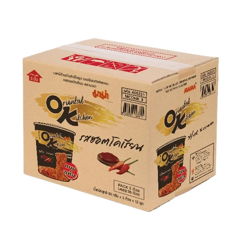 Pack of 36 Mama Oriental Kitchen Instant Cup Noodles in 80g cups, featuring hot Korean flavor, dry grocery product.