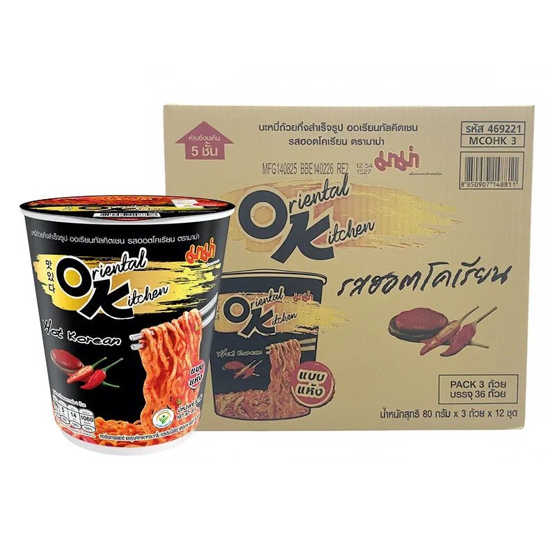Mama Oriental Kitchen Instant Cup Noodles, hot Korean flavor, 80g, pack of 36, dry grocery product, in a sealed cup.
