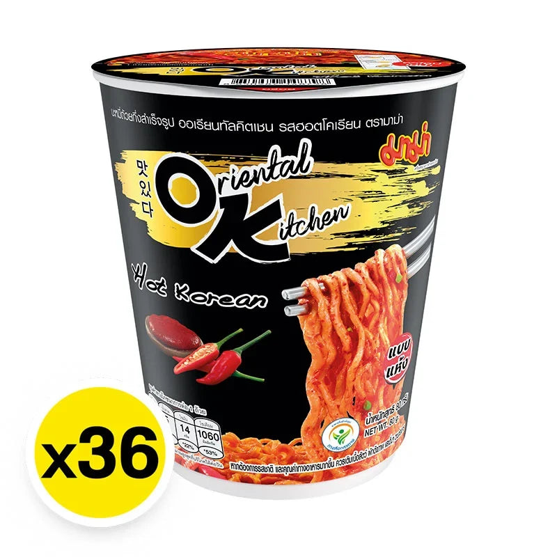 Mama Oriental Kitchen Instant Cup Noodles, hot Korean flavor, 80g, dry grocery product, in a pack of 36 cups.