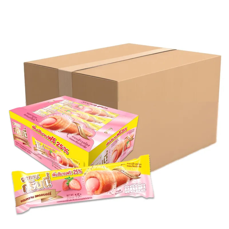 Grinny strawberry-coated snack filled with cream, 15g per piece, displayed in an open package showing the snack's bright coating and creamy filling.