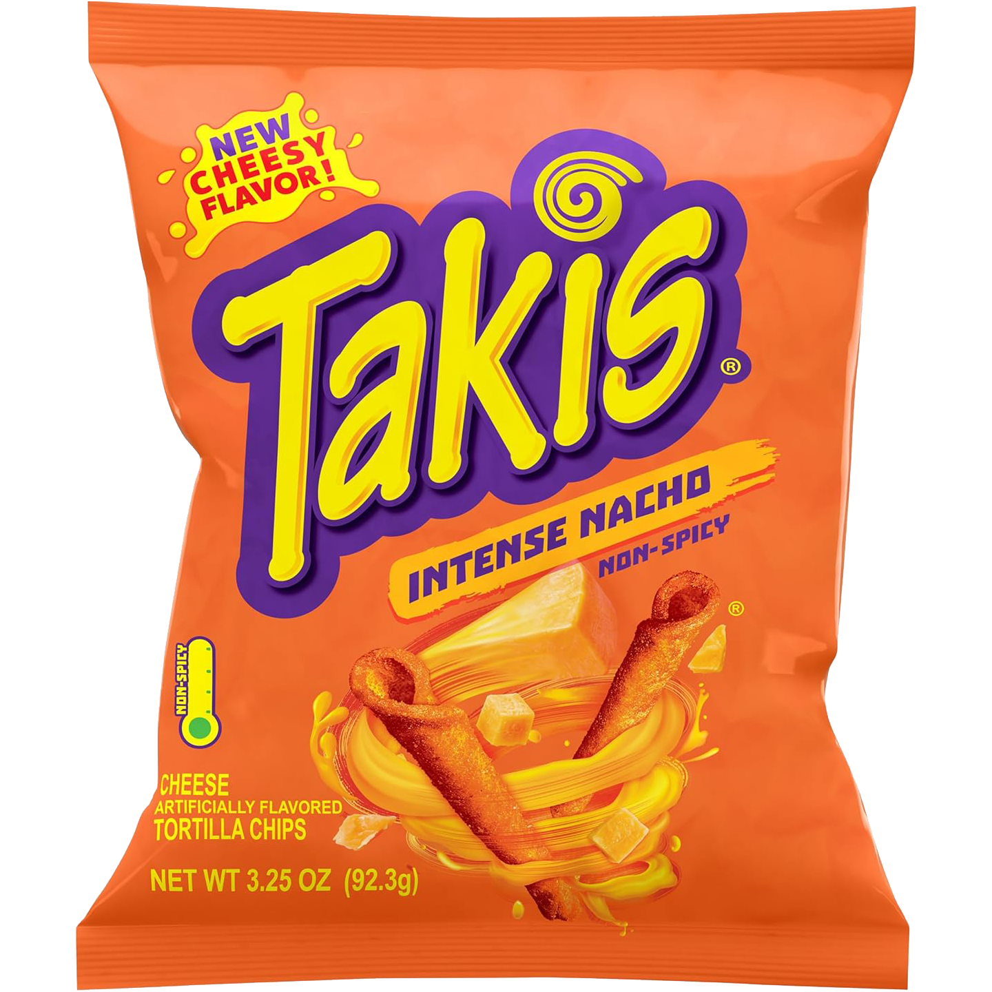 Spicy Takis Intense Nacho Chips in a colorful bag, showcasing the crunchy snack with fiery flavor and bold red and yellow packaging.
