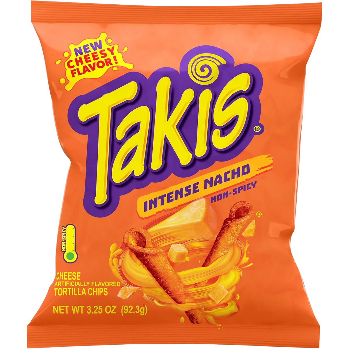 Spicy Takis Intense Nacho Chips in a colorful bag, showcasing the crunchy snack with fiery flavor and bold red and yellow packaging.