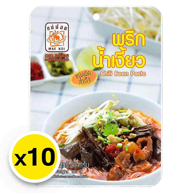 MAE NOI Fried Chili Bean Paste 80g pack, dry grocery product with ten jars, showcasing spicy chili bean paste in glass jars.